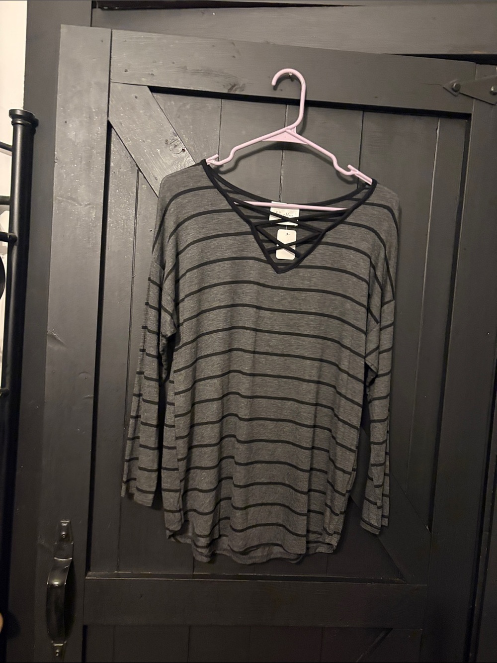 Gray Striped Crisscross V-Neck Long Sleeve Tee